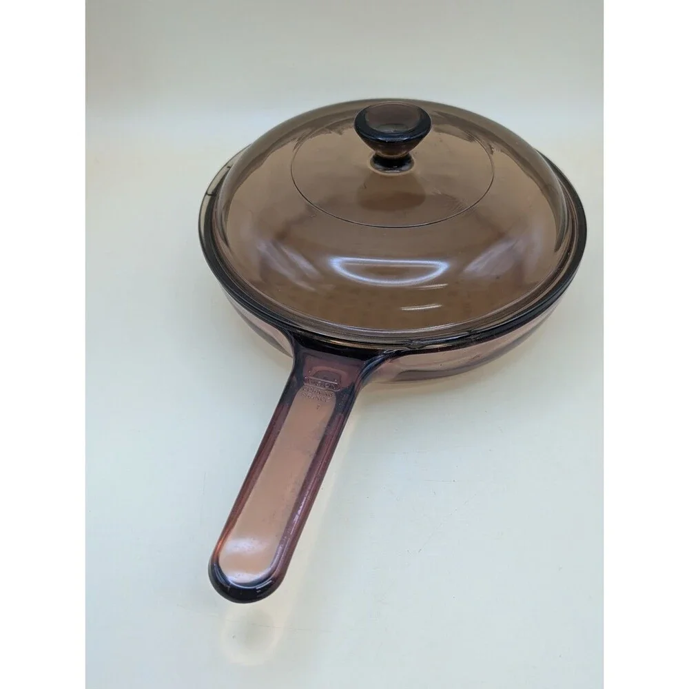Vtg Corning Ware Visions Amber 7 Inch Frying Pan Waffle Bottom & Pyrex Lid V1.5C